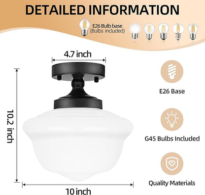 Bagood 10" Black Schoolhouse Light Fixtures Schoolhouse Light Fixtures Ceiling Mid Century Lights Fixture Milk Glass Lights Fixture Semi Flush Mount Ceiling Fixture for Bathroom Kitchen (Bulb Incl)