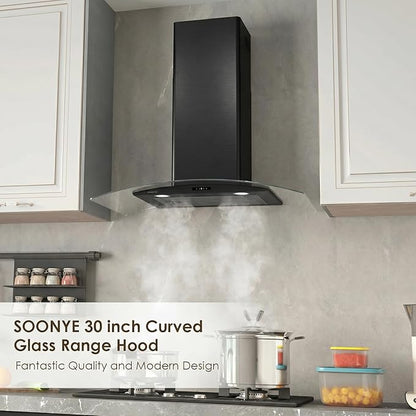 30 Inch Wall Mounted Curved Glass Black Range Hood with 450 CFM Stainless Steel kitchen Ductless/Ducted Convertible with 3 Speeds Extract Fan & Touch Control