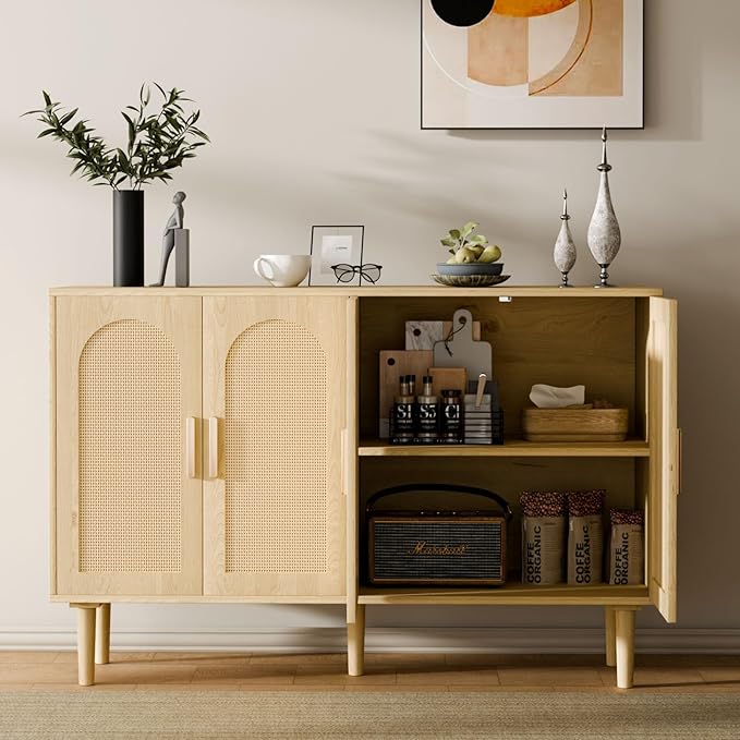 Large Sideboard Buffet Cabinet with Storage, Modern Credenza Buffet Table Coffee Bar Wine Bar Storage Cabinet with Artistic Carved Handle for Dining Room Living Room, (Oak)