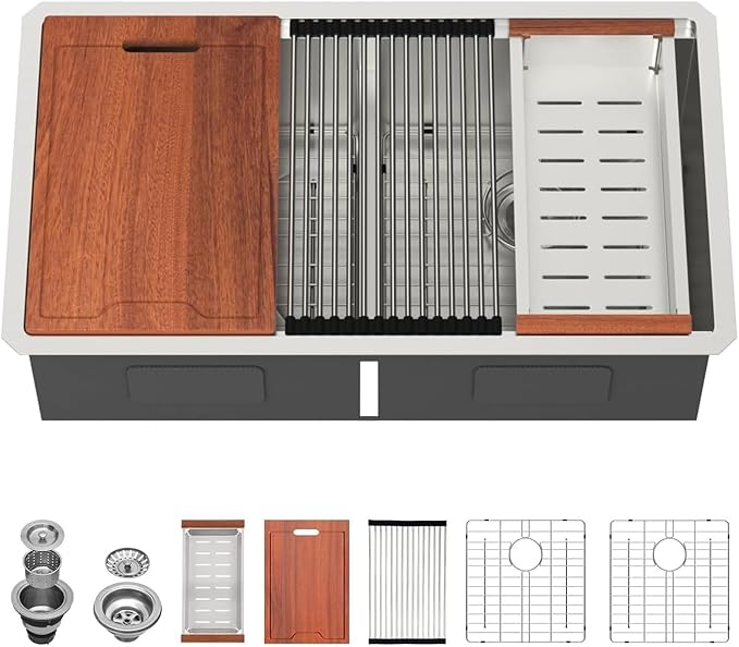 Lordear 33 Double Bowl Kitchen Sink 33x19 Inch Undermount Sink Low Divide Workstation Double Bowl 50/50 16 Gauge Stainless Steel Sinks Basin Handmade