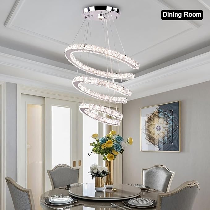 Finktonglan Modern Chandeliers Dimmable, 3 Rings Crystal Chandeliers with Remote Control, Shape Adjustable, LED Linear Chandelier Pendant Island Light for Kitchen Dining Room Living Room, H47.2''