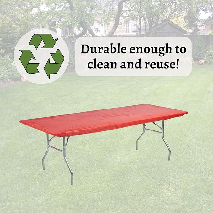 Kwik-Covers 6' Rectangular Plastic Table Covers 30" x 72" (6 Feet), Bundle of 10 - Indoor or Outdoor Fitted Table Covers for Banquet Tables (Red)