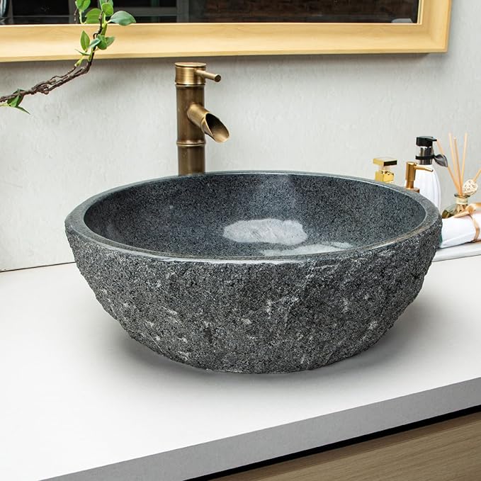100% Pure Hand Carved Surface Bathroom Sinks - Dark Gray Stone Vanity Sinks - Black Speckled Vanity Sinks, Personalized Sinks, Rustic Farmhouse Style