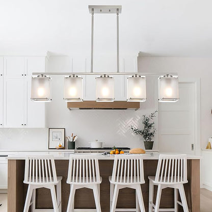 5-Light Chandeliers for Dining Room, Modern Kitchen Island Lighting with Frosted Glass Shade Linear Pendant Lighting for Dining Table Kitchen Island, Adjustable Height
