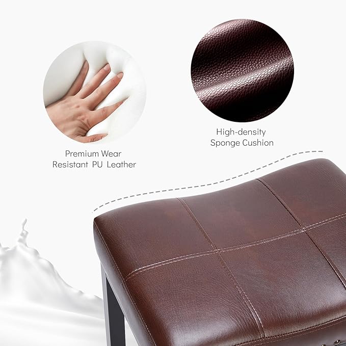 DUMOS Saddle Bar Stools Set of 4, 24 Inch Counter Height Stools with Curved PU Leather Surface, 3.7" Thick Upholstery Bar Height Stools with Footrest for Kitchen Island, Dining, Cafe, Modern Brown