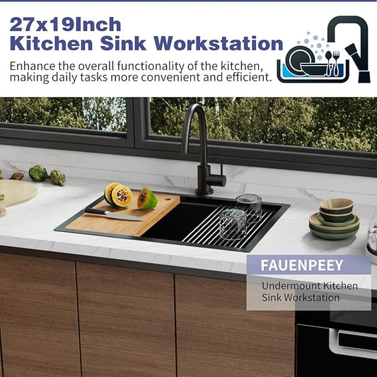 Black Kitchen Sink Workstation,27"x19" Stainless Steel Undermount Single Bowl Sink Built-in Ledge Drop In Workstation Sink Design For Placing/Sliding Accessories-Cutting Board And Drying Rack