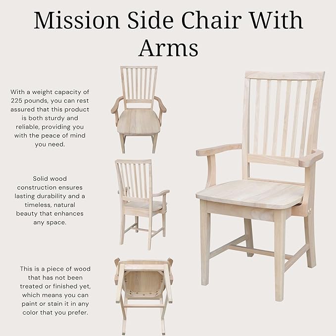International Concepts Mission Side Chair with Arms, Solid Parawood, Unfinished