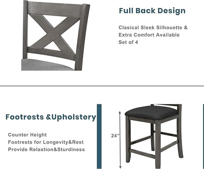 5 Pieces Counter Height Wooden Bar Table Set with 3-Tier Shelf and 4 Chairs, Rustic Farmhouse Dining Table Set for 4, Gray