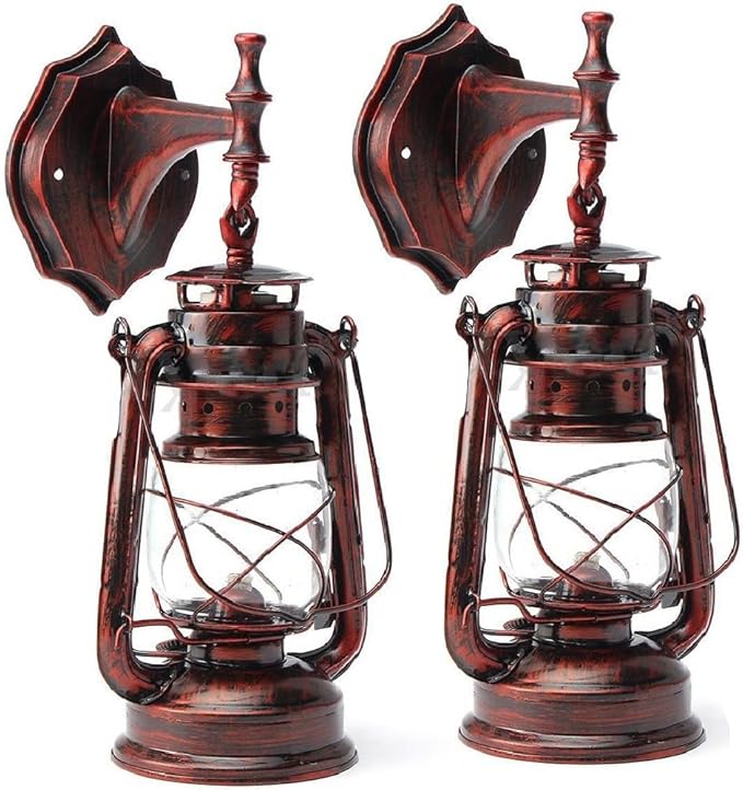 Rustic Wall Sconce Lantern Light, Set of 2 Vintage Wall Lamp, Industrial Wall Sconce, Farmhouse Wall Light Fixtures, Indoor Old Fashioned Lantern for Hallway Farmhouse Loft (Red Bronze, 2pcs)