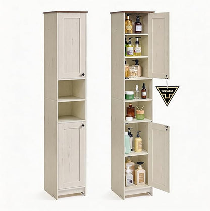 SONGMICS HOME 67-Inch Tall Bathroom Storage Cabinet, Superfast Toolless Assembly, 11.8-Inch Wide Slim Narrow Freestanding Cabinet with Adjustable Shelves, Kitchen Living Room, Rustic White