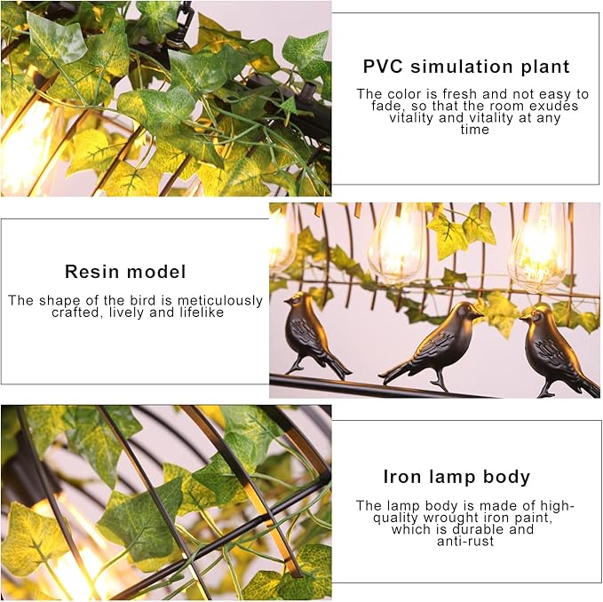 Plant Black Pendant Lighting For Kitchen Island Farmhouse, Black Resin Bird Cage Industrial Pendant Light, Retro Industrial Black Iron Bird Cage Green Plants Black Chandelier Farmhouse Restaurant