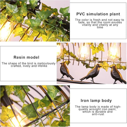 Plant Black Pendant Lighting For Kitchen Island Farmhouse, Black Resin Bird Cage Industrial Pendant Light, Retro Industrial Black Iron Bird Cage Green Plants Black Chandelier Farmhouse Restaurant
