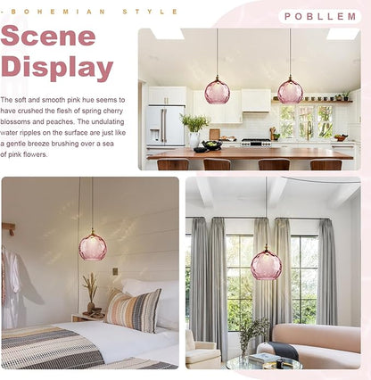 13.8-inch Globe Hanging Lamp with Plug in Cord, Pink Glass Pendant Light Vintage Plug in, Large Hammered Glass Hanging Swag Lamps for Kitchen Dining Room Girls Bedroom Living Room