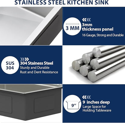 Lordear 28 Inch Drop In Kitchen Sink with Faucet 16 Gauge Stainless Steel Single Bowl 28x22x9 Topmount Kitchen Sink with Glass Rinser Workstation Sinks with Soap Dispenser