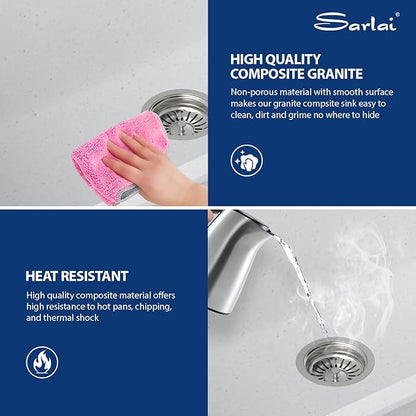 Sarlai 33 Granite Composite Kitchen Sink - 33 x22 Inch Granite Drop In Kitchen Sink Topmount Ledge Workstation White Sinks Quartz Classic Above Counter Single Bowl Basin With Accessories