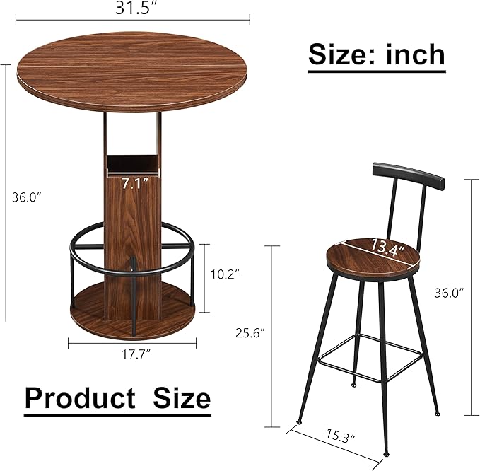 SOFTSEA 3 Pieces Round Bar Table and Chairs Set for 2, Metal Dining Table Set with Storage, Small Round Kitchen Table with 2 Chairs, Save Space, Walnut