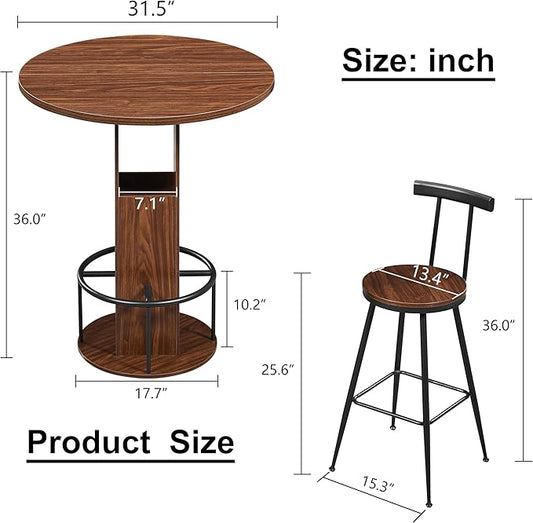 SOFTSEA 3 Pieces Round Bar Table and Chairs Set for 2, Metal Dining Table Set with Storage, Small Round Kitchen Table with 2 Chairs, Save Space, Walnut