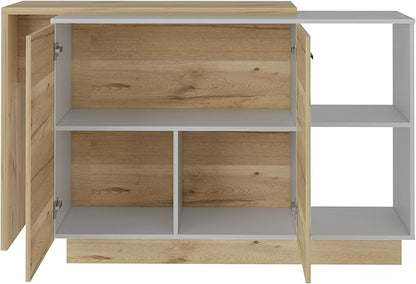 GOWE Kitchen Island, Double Door Cabinets, Two External Shelves, Three Shelves, White/Light Oak