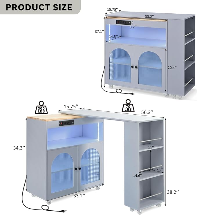 Rolling Kitchen Island with Extendable Table and LED Lights, Kitchen Cart with Power Outlets USB Ports Fluted Glass Doors Rubber Wood Top and Open Shelves,Mobile Storage Cabinet for Dining Room, Grey