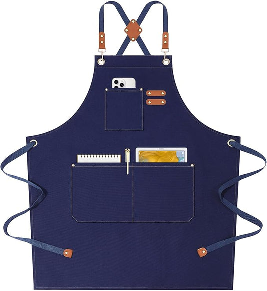 AFUN Chef Aprons for Women Men with Oversized Pockets, 12-Ounce Cotton Canvas Cross Back Water Repellent Apron (Dark Blue)