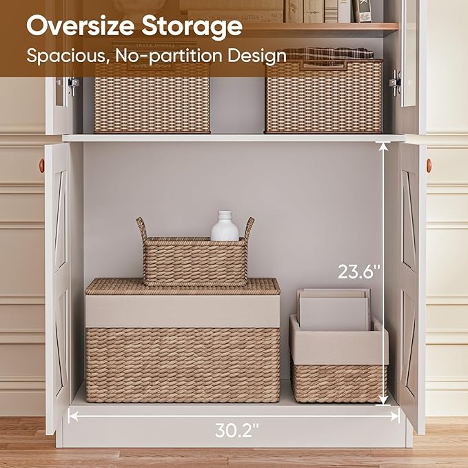 ivaniti 71" Tall Farmhouse Kitchen Pantry, Large Storage Cabinet with Glass Doors, Adjustable Shelves, 3 Drawer, Wood Versatile Hutch Cabinet for Dining Room, Living Room, White 3 PCS