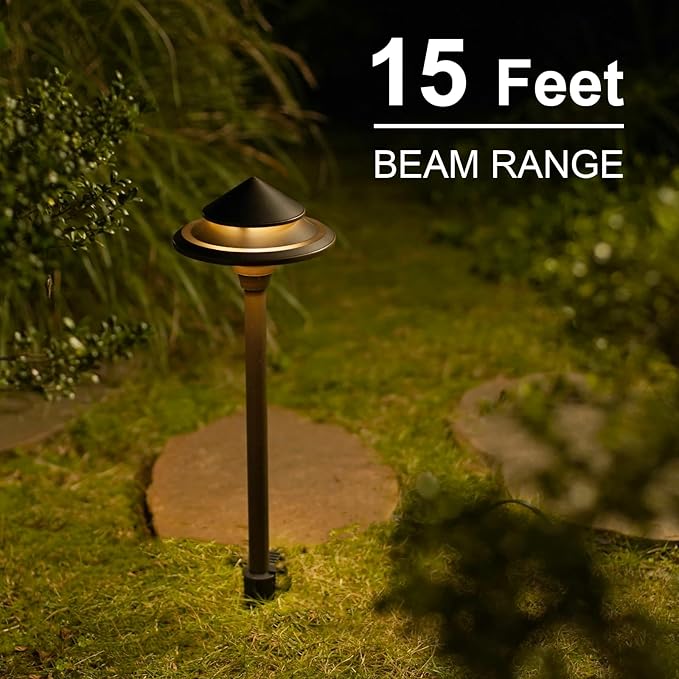 GOODSMANN Low Voltage Landscape Lighting 8PK LED Path Lights Oil Rubbed Bronze 4W 32 Lumen Hardwired 2 Tier Pagoda Landscape Pathway Lights 3000K Warm White Metal Stakes Cable Connectors