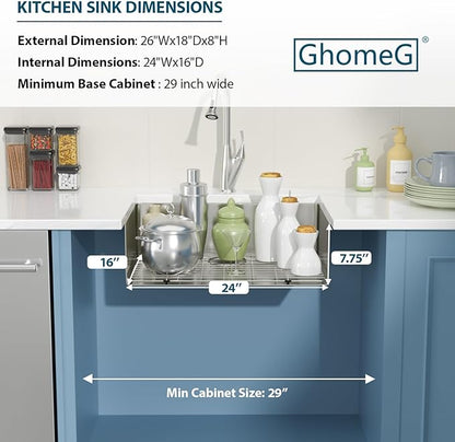26 Undermount Kitchen Sink 26"x18"x8" Single Bowl 16 Gauge Stainless Steel Under Counter Single Bowl Kitchen Sinks Basin with Drain Strainer