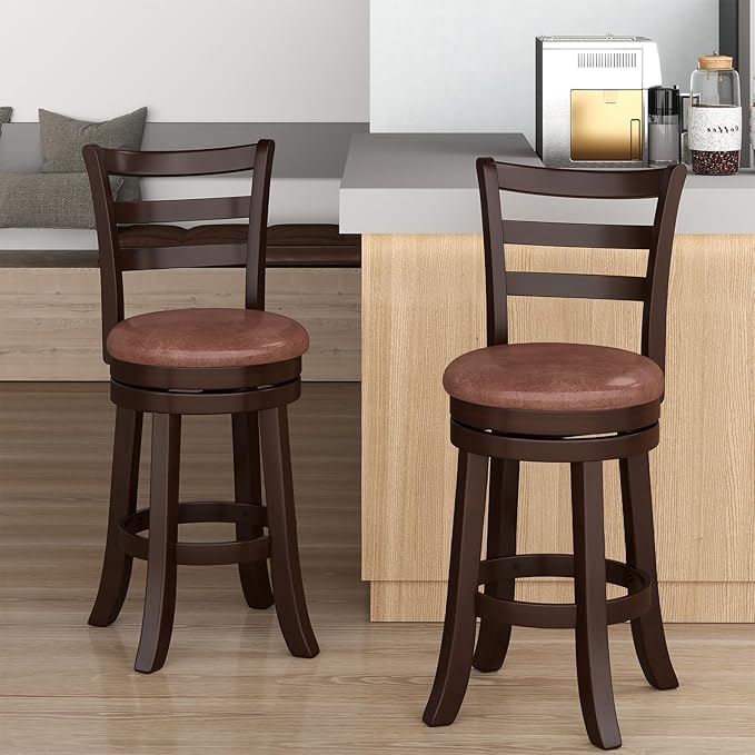 Giantex Swivel Bar Stools Set of 2, 26" Upholstered Counter Height Bar Chairs w/High Backrest, Faux Leather Seat, Solid Rubber Frame & Wrap-Around Footrest, Wooden Barstools for Kitchen Island, Pub