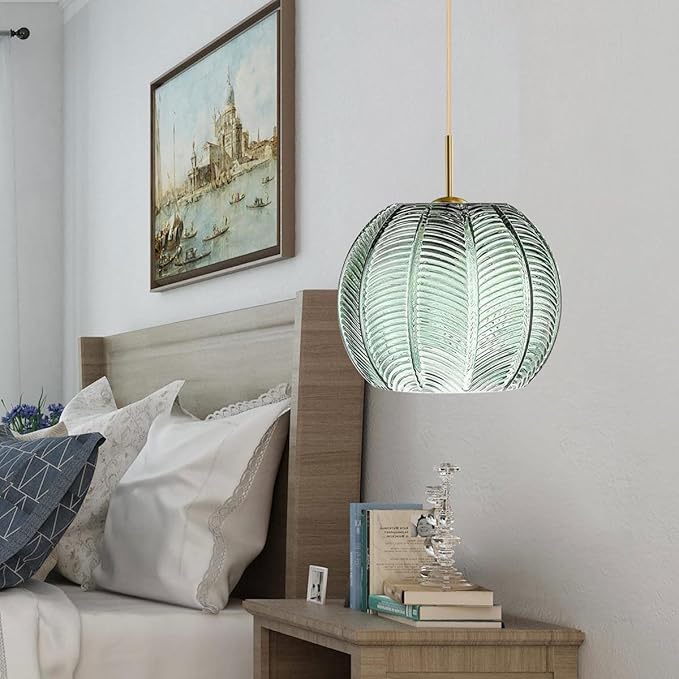 Green Pendant Light Fixtures Glass Globe Pendant Light Gold Modern Pendant Lighting with Ribbed Glass Shade Adjustable Hanging Lights for Kitchen Island Dining Bedroom Farmhouse