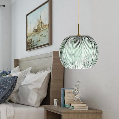 Green Pendant Light Fixtures Glass Globe Pendant Light Gold Modern Pendant Lighting with Ribbed Glass Shade Adjustable Hanging Lights for Kitchen Island Dining Bedroom Farmhouse