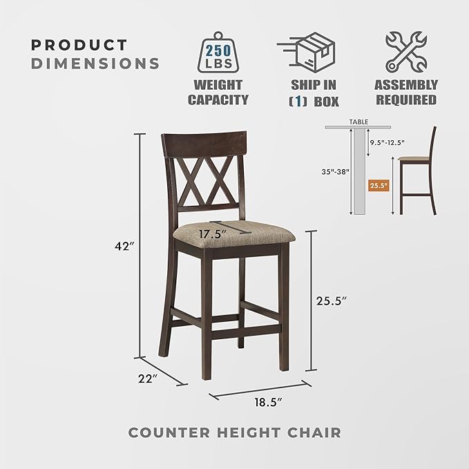 Lexicon Counter Height Stools Set of 2 - Attis Kitchen Counter Stools Set of 2, Upholstered Padded 25.5" Seat Height, Sturdy Solid Wood, Farmhouse Kitchen Chairs, Cross Back, Dark Brown