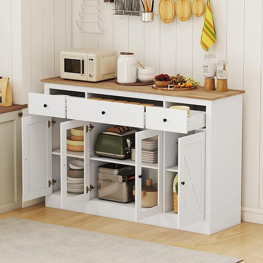 Giantex 55" Sideboard Buffet Cabinet with Storage, Modern Farmhouse Kitchen Storage Cabinet w/3 Drawers, Adjustable Shelves, 2 Barn Doors & 2 Glass Doors, White Sideboard for Living Room, Coffee Bar