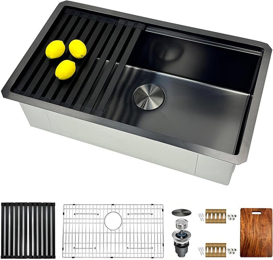 30 Inch Drop in Kitchen Sink Undermount Stainless Steel Kitchen Sinks,16 Gauge Top Mount Single Bowl Workstation Sink,Deep Handmade Kitchen Sink with Cutting Board & Strainer,Nano-coating,Black