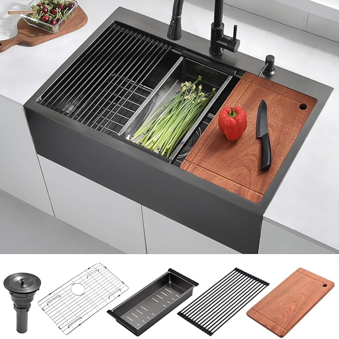 33 Black Drop In Kitchen Farmhouse Sink, Luckyhorse 16 Gauge 33x22 Nano Black Stainless Steel Drop in Topmount Workstation Farmhouse Kitchen Sink with Apron Front LH010SQ
