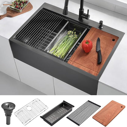 33 Black Drop In Kitchen Farmhouse Sink, Luckyhorse 16 Gauge 33x22 Nano Black Stainless Steel Drop in Topmount Workstation Farmhouse Kitchen Sink with Apron Front LH010SQ