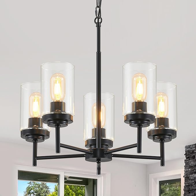 5-Light Farmhouse Glass Chandelier, Modern Black Chandelier for Dining Room Island Lights Industrial Hanging Foyer Lighting Fixtures Chandeliers for Entryway Kitchen Living Room Adjustable Height