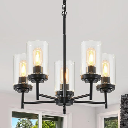 5-Light Farmhouse Glass Chandelier, Modern Black Chandelier for Dining Room Island Lights Industrial Hanging Foyer Lighting Fixtures Chandeliers for Entryway Kitchen Living Room Adjustable Height