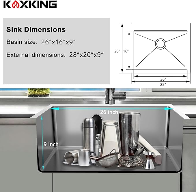 28x20 Drop In Kitchen Sink, 18 Gauge T304 Stainless Steel Top Mount Single Bowl, 9 Inch Deep, R10 Corners, Quiet & Anti-Condensation, with Bottom Grid & Basket Strainer