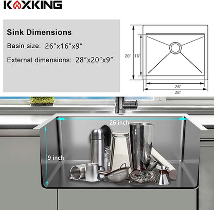 28x20 Drop In Kitchen Sink, 18 Gauge T304 Stainless Steel Top Mount Single Bowl, 9 Inch Deep, R10 Corners, Quiet & Anti-Condensation, with Bottom Grid & Basket Strainer