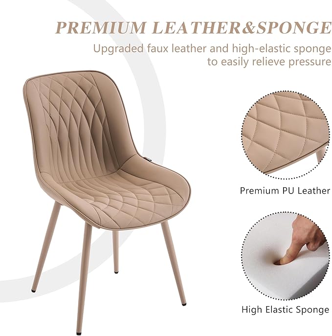 YOUNIKE Faux Leather Dining Chairs Set of 2 Mid-Century Modern High Padded Back Comfy Upholstered Kitchen Chairs with Metal Legs Wide Seat Accent Side Chair for Dining/Living/Waiting Room Khaki