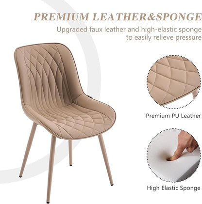 YOUNIKE Faux Leather Dining Chairs Set of 2 Mid-Century Modern High Padded Back Comfy Upholstered Kitchen Chairs with Metal Legs Wide Seat Accent Side Chair for Dining/Living/Waiting Room Khaki