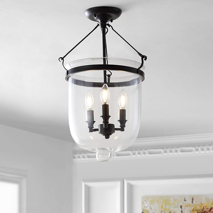 JONATHAN Y 14.5" Oil Rubbed Bronze 3-Light Iron and Glass Semi-Flush Mount, Transitional French Country Farmhouse Ceiling Light for Entryway Bedroom, LED Bulbs Included JYL9039A