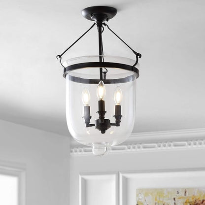JONATHAN Y 14.5" Oil Rubbed Bronze 3-Light Iron and Glass Semi-Flush Mount, Transitional French Country Farmhouse Ceiling Light for Entryway Bedroom, LED Bulbs Included JYL9039A
