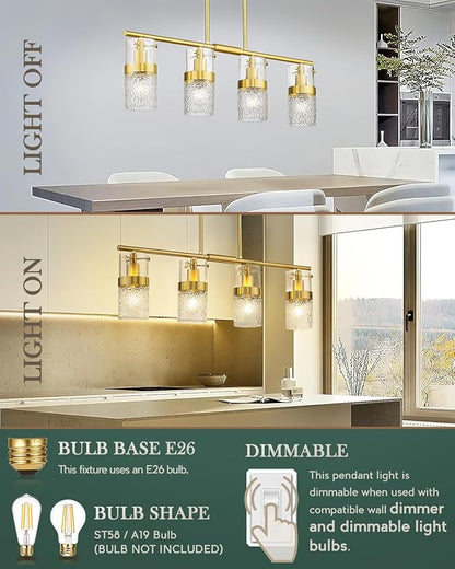 LMS 4-Light Brushed Gold Island Chandelier Lights for Kitchen, Mid Century Pendant Light with Hammered Glass Shade, Farmhouse Dining Room Light Fixture, Kitchen Island, LMS-171GD-4