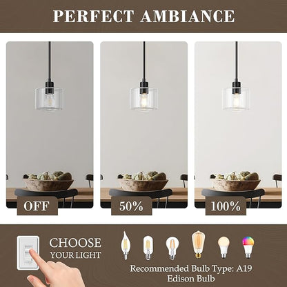Black Pendant Lights Kitchen Island 2 Pack, Modern Clear Glass Hanging Light Fixtures with Rods, Mini Kitchen Pendant Lighting Over Island for Sink Bathroom, OS-YQ8153-2PBKC