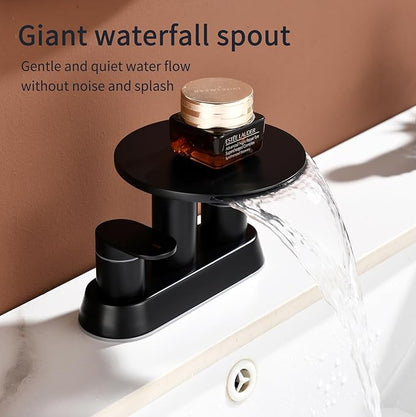 Bathroom Sink Faucet 3 Hole，Matte Black Waterfall Bathroom Faucet 4 Inch Centerset with Pop-Up Drain，2 Handles Stainless Steel faucets with Round Shelf for Vanity Sink, Rv
