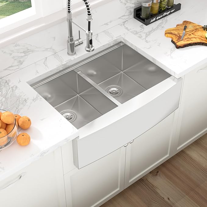 Sarlai 30 Farmhouse Sink Stainless Steel Double Bowl - 30 x 22 inch Apron Front Kitchen Sink Ledge Workstation Double Basin16 Gauge Farmer Style Low Divided Kitchen Farm Sinks 50/50