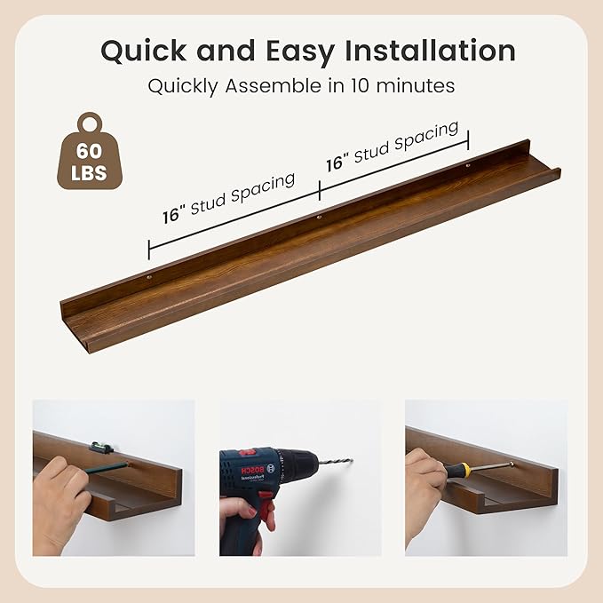 FLYJOE Picture Ledge Shelf, Floating Shelves Set of 2, Solid Ash Wood 48'' Long Large Nursery Book Shelves for Toys Storage, Kids Bookshelf for Living Room Bedroom Decor Books Photo Frames, Walnut