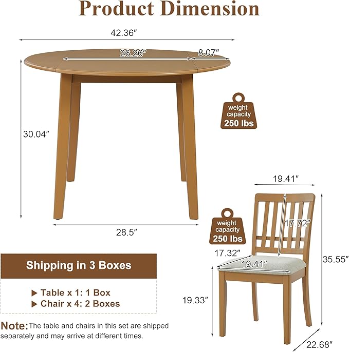 5-Piece Drop Leaf Round Dining Table Set for 4, Farmhouse Kitchen Table Set with Extendable Round Table and 4 Upholstered Chairs. Wood Table and Chairs Set for Dining Room, Living Room, Light Brown