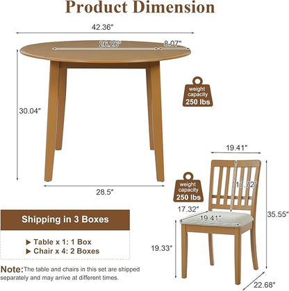 5-Piece Drop Leaf Round Dining Table Set for 4, Farmhouse Kitchen Table Set with Extendable Round Table and 4 Upholstered Chairs. Wood Table and Chairs Set for Dining Room, Living Room, Light Brown